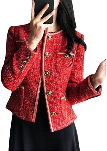 Veste Tweed Femme Printemps/Automne - Blazer Court Décontracté Col Rond Manches Longues