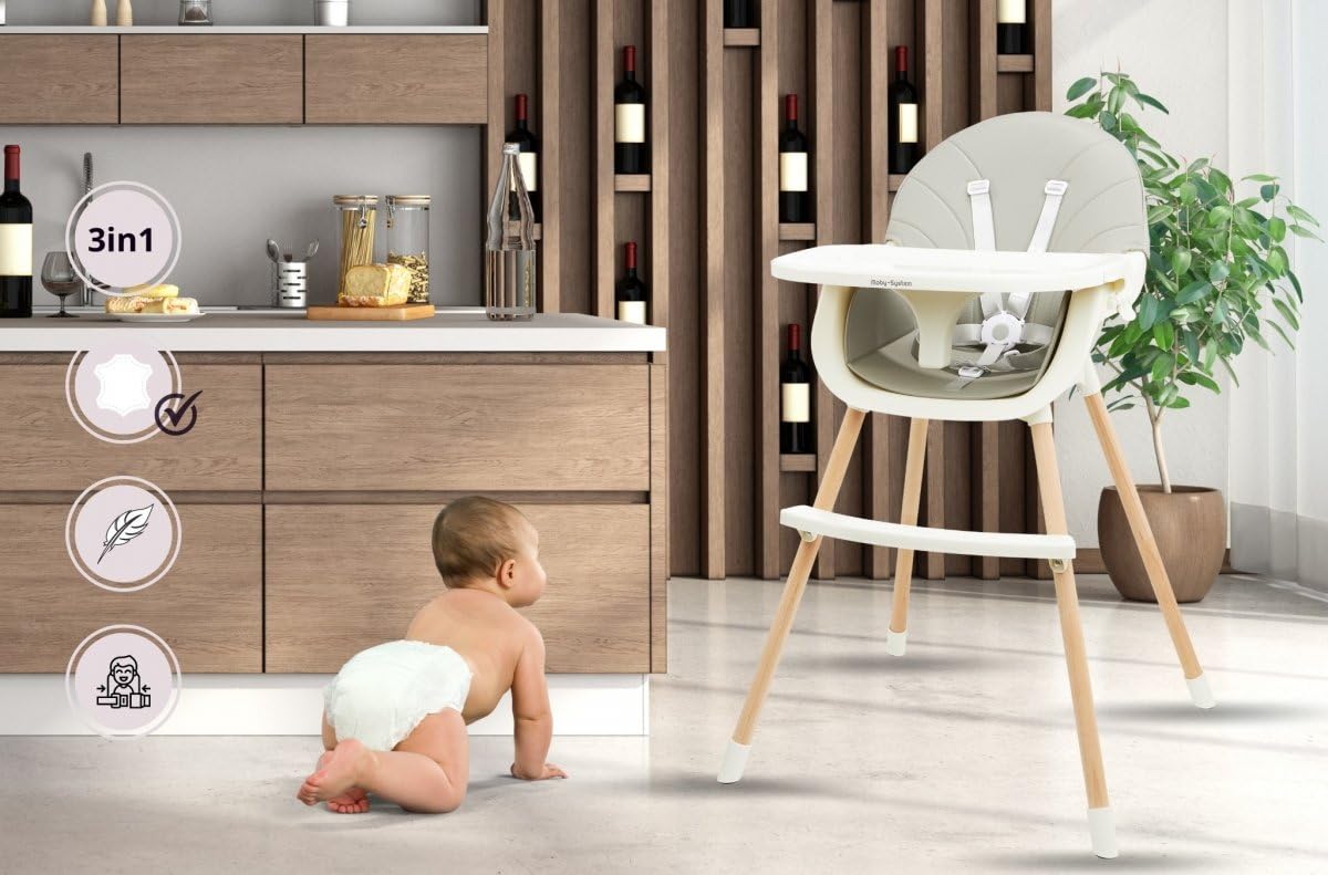 Moby-System Krzesełko do Karmienia Drewniane Amelia 2, 3w1 Krzesełko dla Dziecka od 6 m-cy do 6 lat, Krzesełko z Tacką i Podnóżkiem dla Dzieci, Pasy Bezpieczeństwa, Krzesło dla Starszaka, Szare