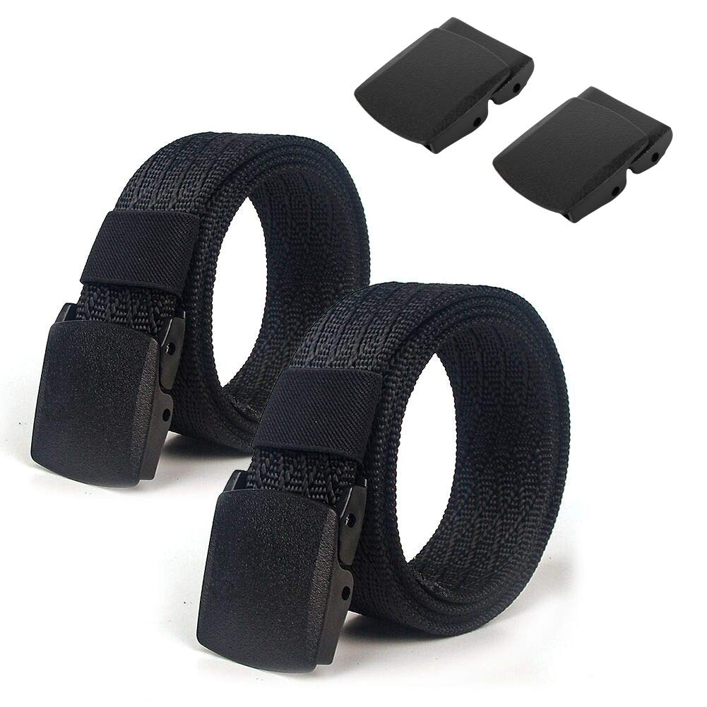 Lalacolorful Men's New Black + Black 2 Pack Nylon Webbing Belt - Tactical Military Web Belt With No Metal Buckle (New Black + Black)