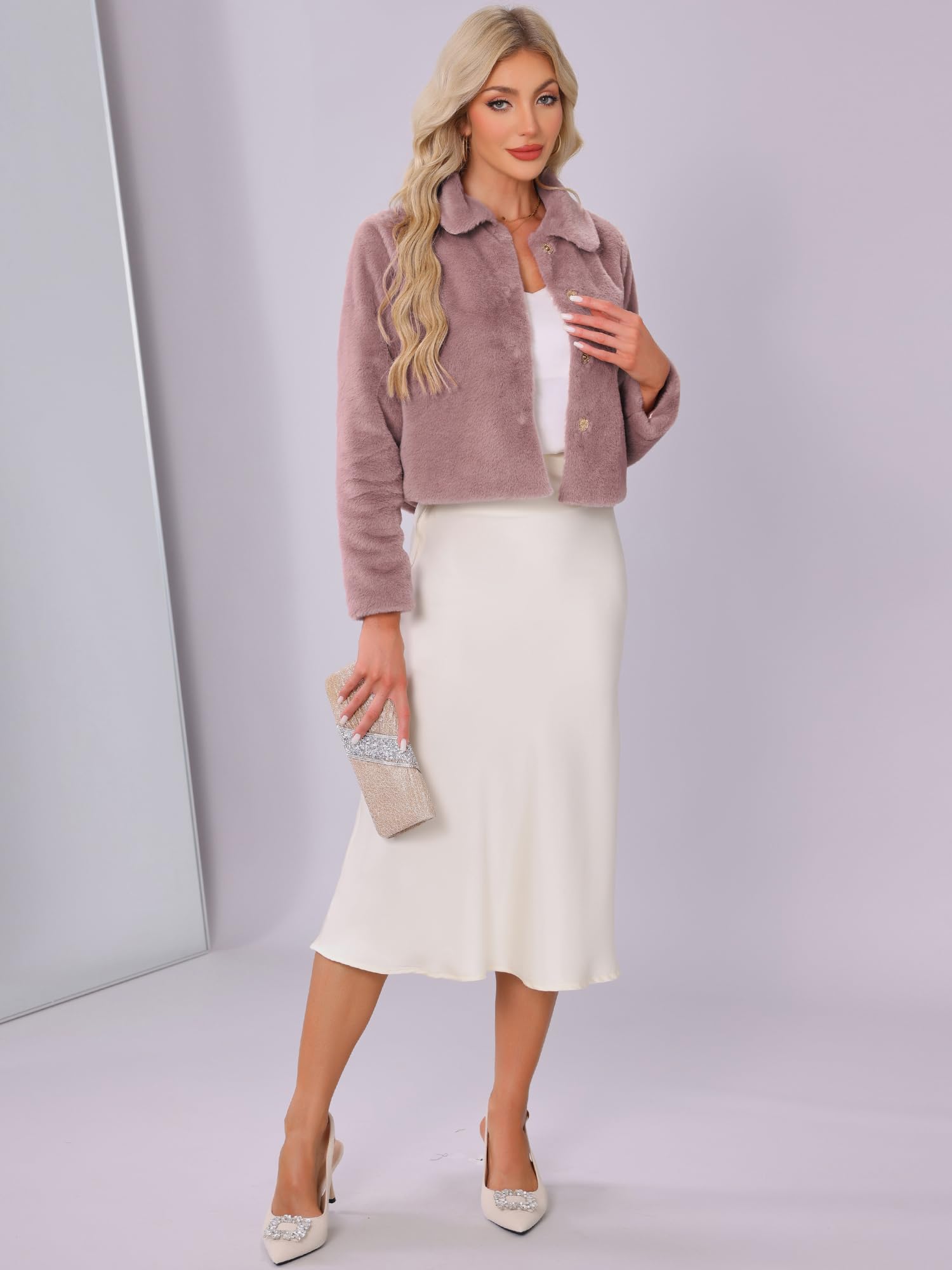 Allegra K Abrigo de Pelo Sintético para Mujer, Ideal para Bodas de Invierno, Botones a Presión