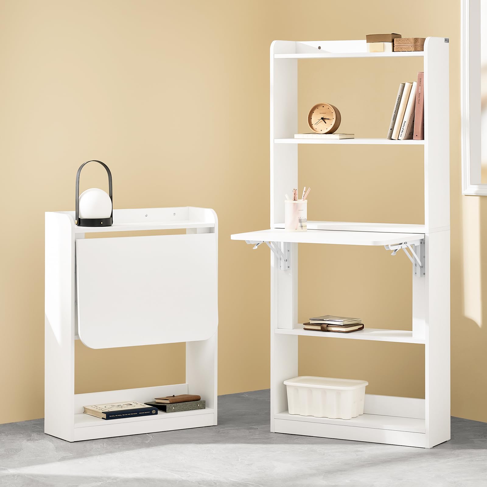 SoBuy Schreibtisch Klappbar mit 3 Ablagen Platzsparend 64x82x58cm Büro | Kleiner Schreibtisch mit Regal, Klapptisch mit 3 Ablagen für Platzsparendes Arbeiten, Wandtisch Weiß, FWT92-W