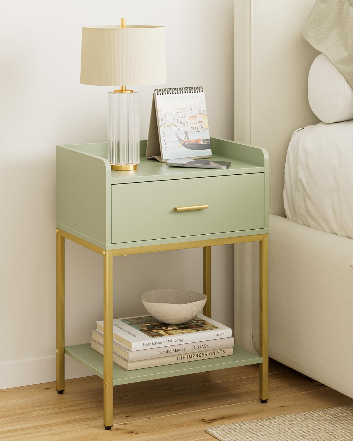 HEYZOEY Comodino verde, comodino moderno a 3 posti, con cassetto e scaffale, piccolo tavolino per camera da letto, soggiorno, verde (senza presa)