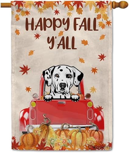 Miniatura 9 de Bandera con texto en inglés Happy Fall Y'all con diseño de perro inteligente con calabaza en camión rojo y hojas de arce, pancarta de otoño para