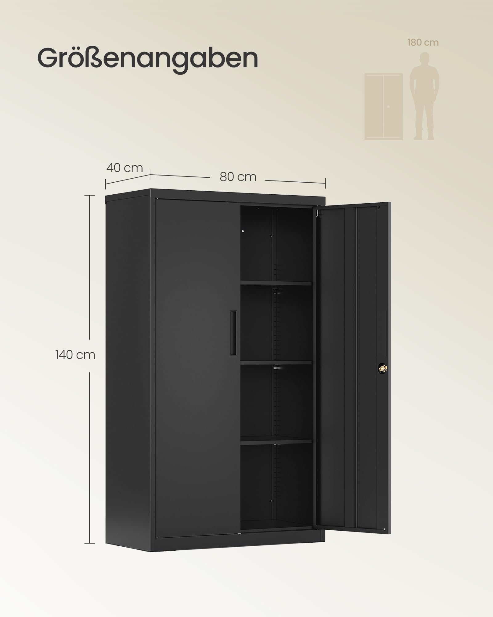 SONGMICS Aktenschrank, Metallschrank, Aufbewahrungsschrank, Büroschrank abschließbar, mit 2 Türen, aus Stahl, 80 x 40 x 140 cm, 3 verstellbare Ablagen, Mattschwarz OMC020BD01