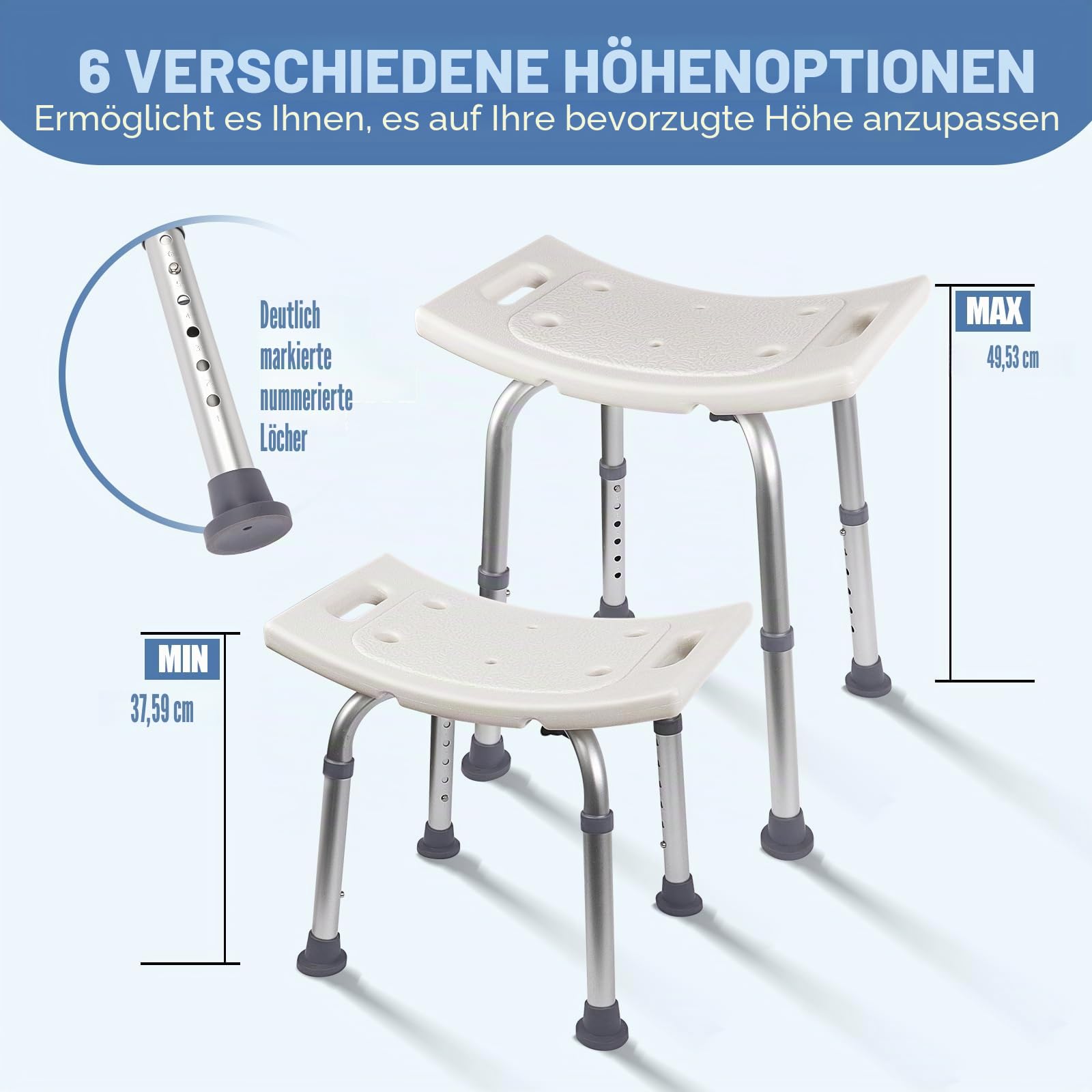 Ez2care Duschhocker, Höhenverstellbarer Duschstuhl, Rutschfester Badhocker für Dusche & Badewanne, Stabiler Aluminium Duschsitz, Leicht, Komfortabel, Vielseitig & Belastbar bis 136 kg, 37,5–49,5 cm