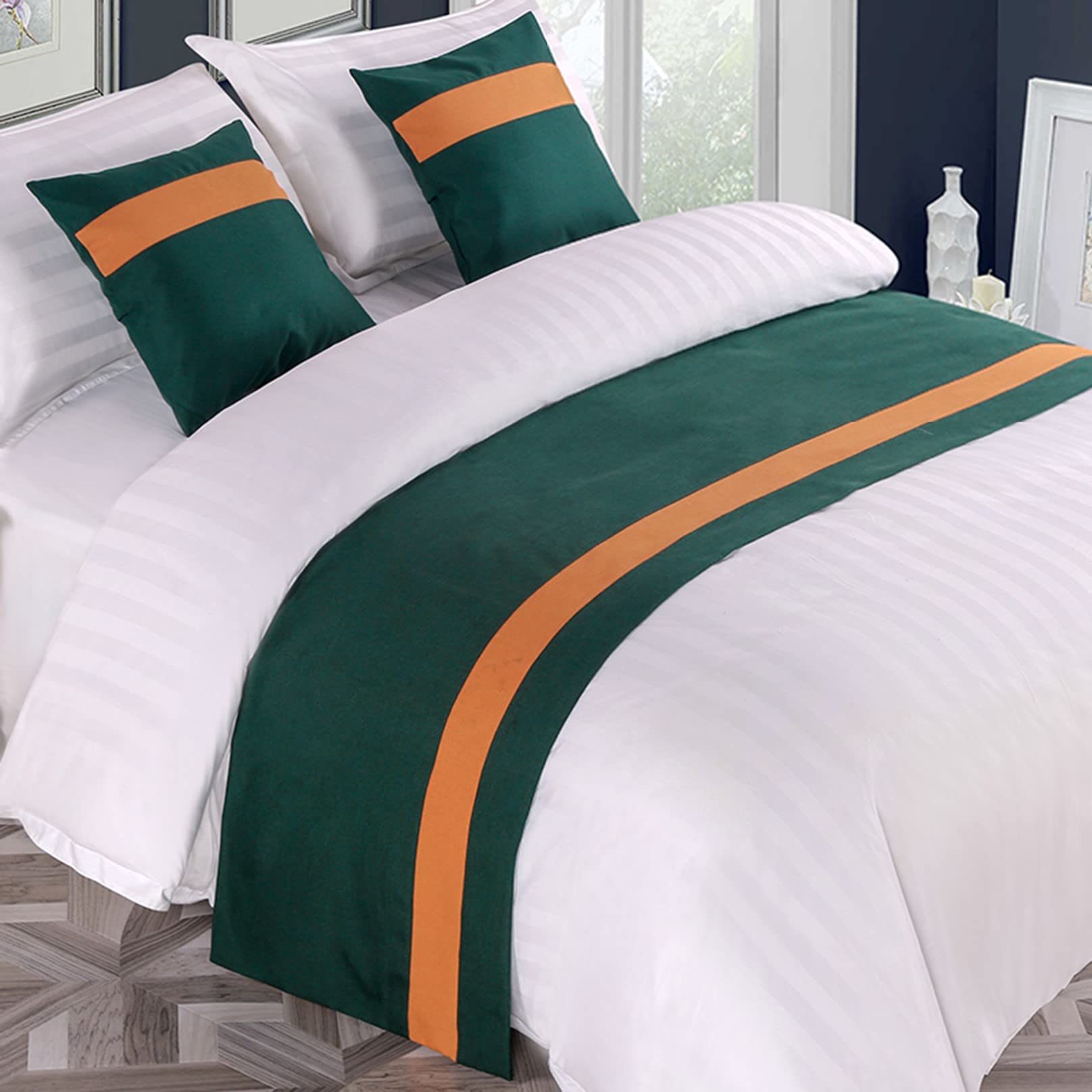 HLASMSPE Bed Runner for Foot of Bed Stripe Pattern Green Decor Bedding Protection Cover Bed Scarf Bed End Towel Bed Mat No Fading Hotel Bedroom Wedding Room, 260x50cm