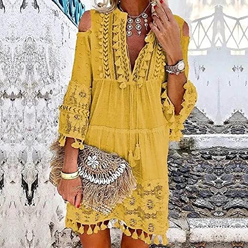Boho Dress for Women,Elegant Fringe Sexy V Neck Cold Shoulder Long Sleeve Lace Flowy Plus Size Summer Mini Dress4