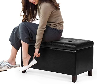 Adeco Storage Ottoman, Faux Leather Rectangular Tufted Upholstered Bench with Wood Legs, Footrest Stool Coffee Table for Living Room Bedroom Entryway Hallway (Black)