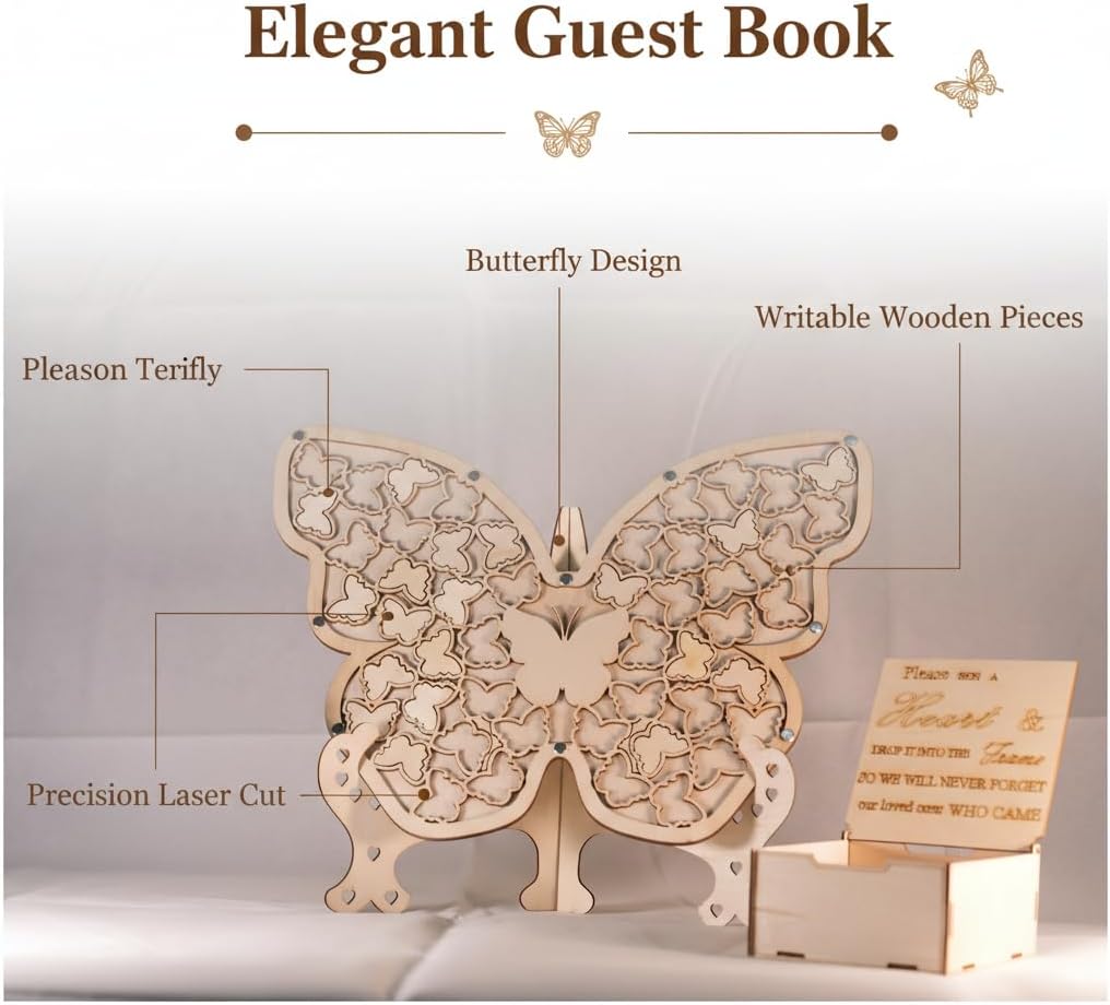Wooden Butterfly Wedding Guest Book Alternative - Rustic Wedding Decorations for Reception, Anniversary, Bridal Shower, Butterfly Guest Book Design for Quinceanera & Sweet 16 Celebration