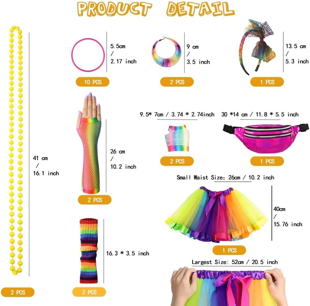 WILDPARTY 80s Costume Accessories for Women, T-Shirt Tutu Fanny Pack Headband Earring Necklace Fishnet Gloves Legwarmers - Image 2