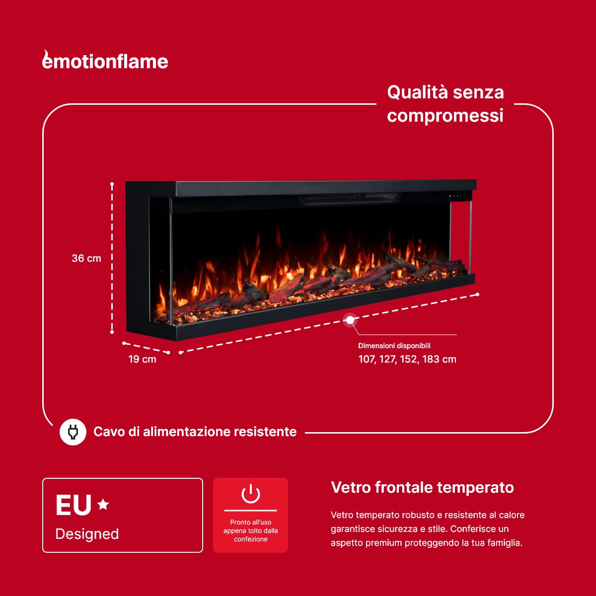 Unity - Camino elettrico a 3 lati, per montaggio a parete e da incasso, con riscaldamento 900/1800 W (127x36x19)