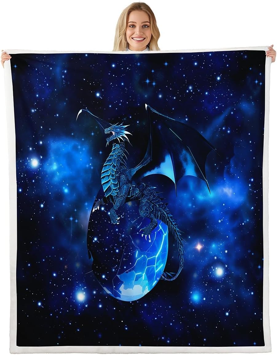 Galaxy Dragon Sherpa Blanket Chic Outer Space Starry Sky Fleece Throw Blanket Jungle Animals Dragon Fuzzy Blanket for Bed Soft Couch Children Bedroom Decor Blue Black Plush Blanket Queen 90"x90"