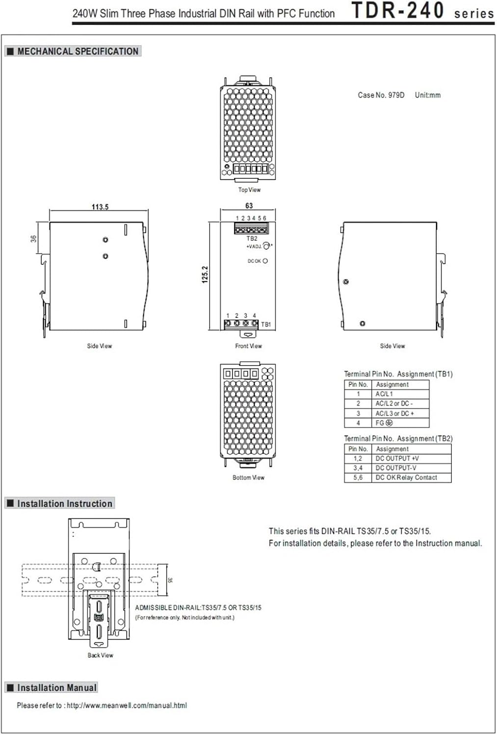 1PCS TDR-240-24 24V 10A 240W for Slim Three Phase Industrial DIN Rail with PFC Function Single Output Power Supply