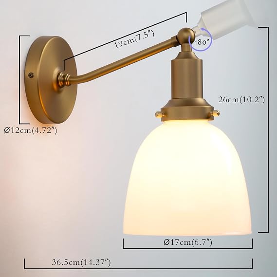 PERMO Industrial Vintage Slope Pole Wall Mount Single Sconce with 6.7 Oval Dome Milk White Glass Shade Wall Sconce Light Lamp Fixture