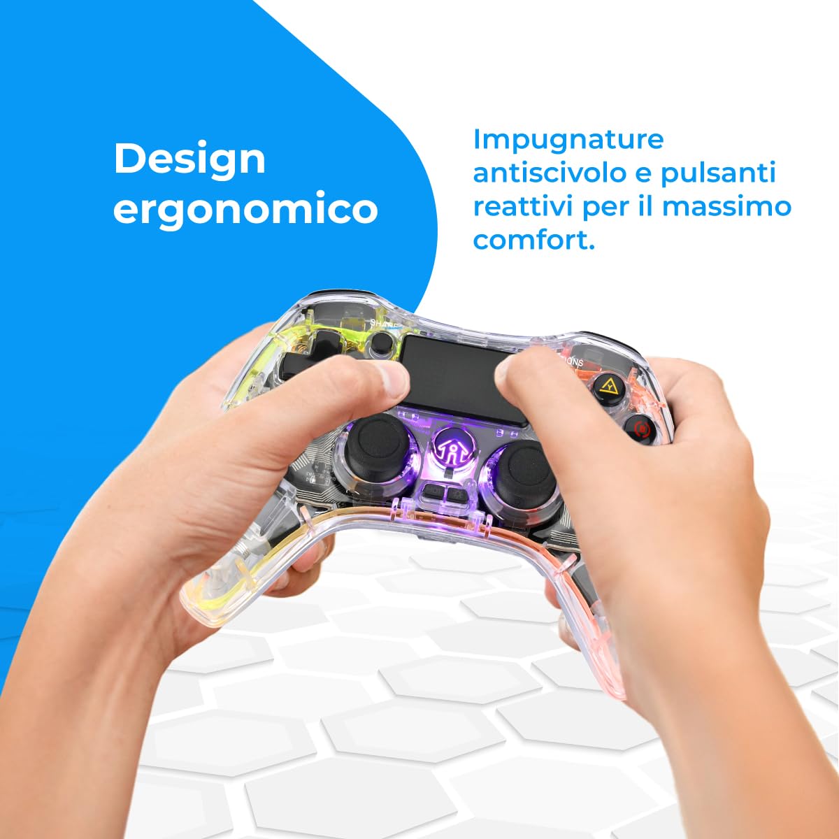 NK Controller per PS4 / PC/Android - Controller Wireless con 2-Shock, 6 assi, 2 pulsanti MACRO, 7 Modalità di Luce LED, Touchpad, Ingresso per Cuffie, Cavo di Ricarica incluso - Nero Trasparente