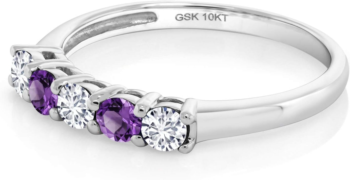 Gem Stone King 10K White Gold White Lab Grown Diamond and Purple Amethyst 5 Stone Wedding Engagement Promise Ring For Women (0.50 Cttw, Round 3MM)