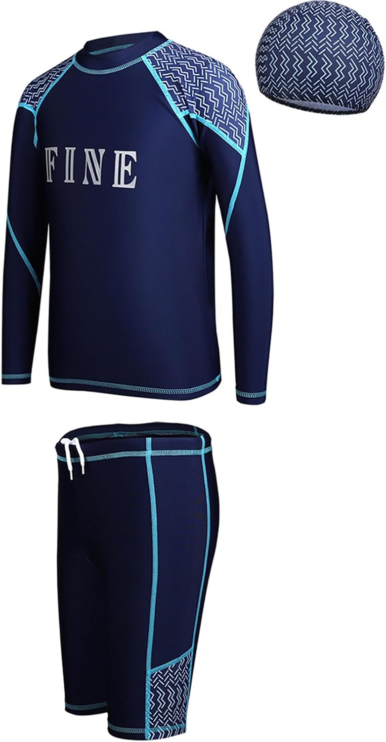 Hansber Rash Guard Set for Boys Swim Trunks with Long Sleeve Tops Swim Hats 3 Pcs Outfit Summer Beachwear Swimsuit