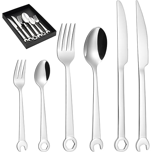 Honeydak 6 Pieces Silverware Tool Cutlery Set Stainless Steel Tableware Set Tool Fork, Knife and Spoon Gift Box Storage Housewarming Mechanic Gifts Wrench for Kitchen Utensil Camping Travel