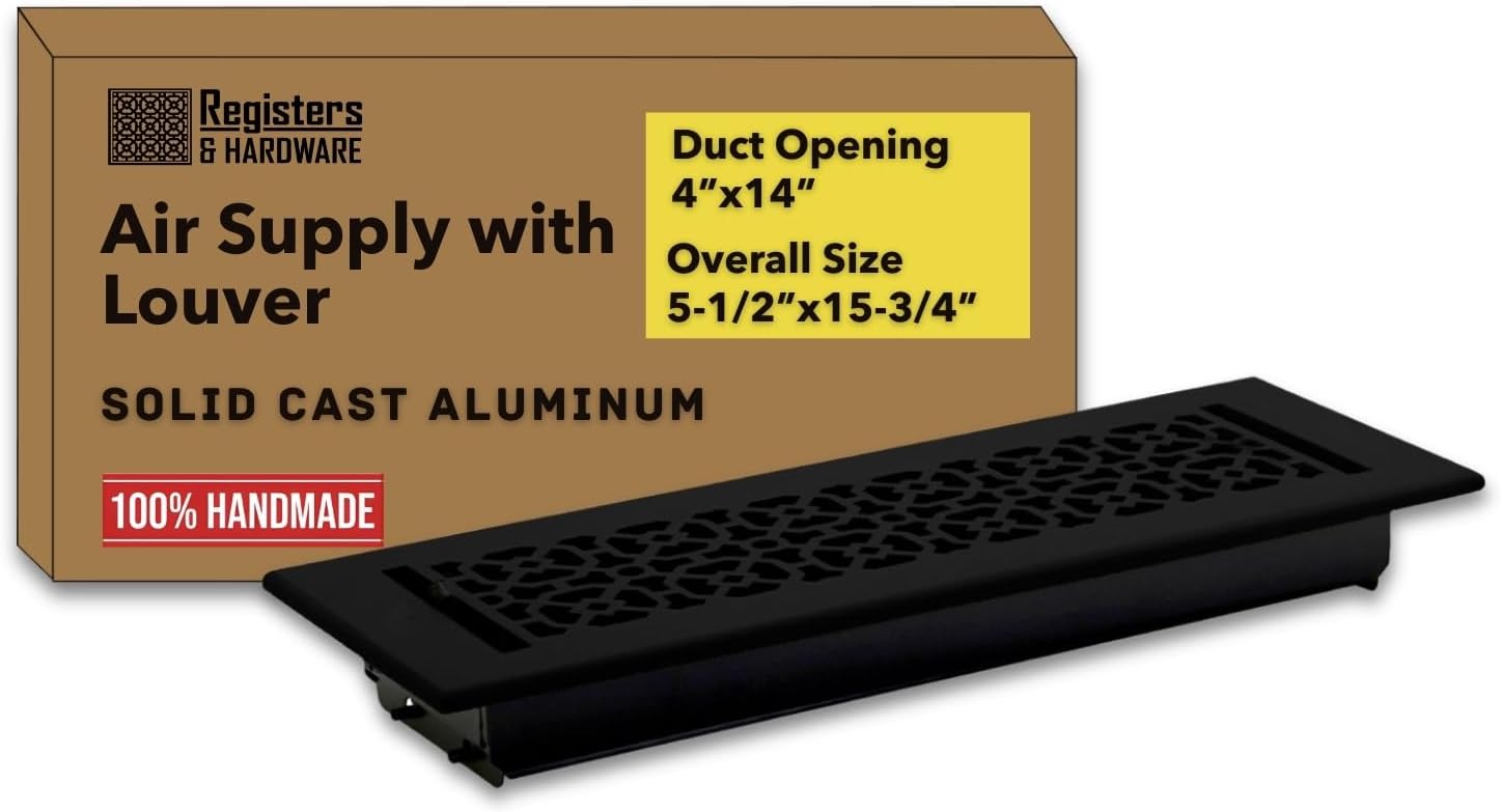 Achtek 4"x14" Duct (5-1/2"x15-3/4" Overall Size) Solid Cast Aluminum HVAC Air Supply Grill for Floor-Black Without Screw Holes with Detachable Steel Louver | Powder Coated