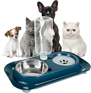 CREDLY Double Dog Cat Bowls Water and Food Bowl Set with Detachable Stainless Steel Bowl Automatic Water Dispenser Bottle Automatic Water Bowl for Cats Dogs Rats Rabbits Guinea Pigs Small Animals