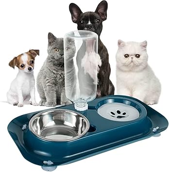 Envop 2 in1 Pet Water and Food Bowl Set Double Dog Cat Bowls with Automatic Gravity Water Dispenser Bottle Detachable Stainless Steel Bowl No-Spill for Cats and Dogs