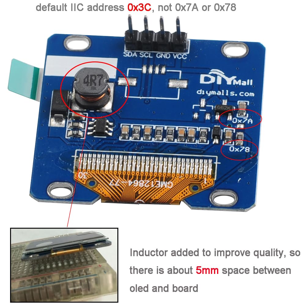 DIYmalls 1,3" Pollici OLED Schermo Modulo 128x64 4pin 3,3V-5V Indirizzo 0x3C Bianco Per Arduino 2560 ESP8266 ESP32 Development Board (Confezione Da 3 - Foto 6