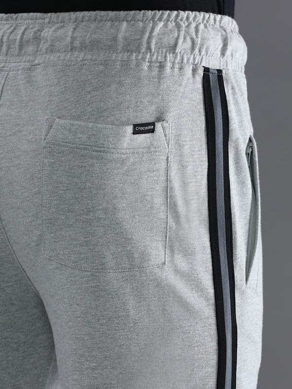 Image of CROCODILE Men Solid French Terry Joggers | Classic Fit | Mid Rise | Drawstring Closure | Ankle Length | Casual Wear Navy Melange
