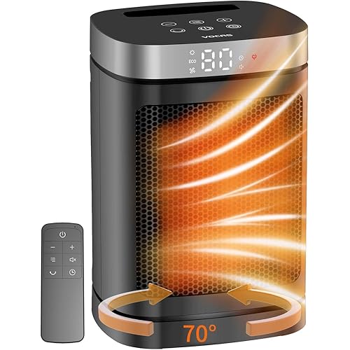 Space Heater, Portable PTC Ceramic Heater for Indoor Use, 1-12H Timer, Remote Control, 70° Oscillation, Overheat & Tip-Over Protection, Suitable for Office and Bedroom