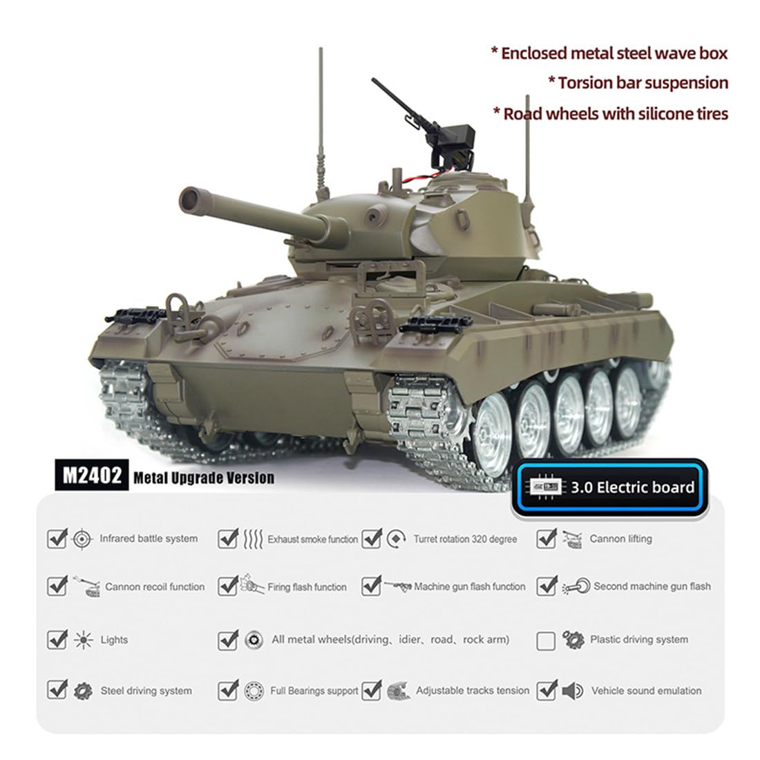 Model czołgu US M24 RC w skali 1/16, model czołgu głównego 2,4 G z dźwiękiem i światłami oraz bitwą na podczerwień, model pojazdu wojskowego dla dorosłych (metalowa ulepszona wersja)