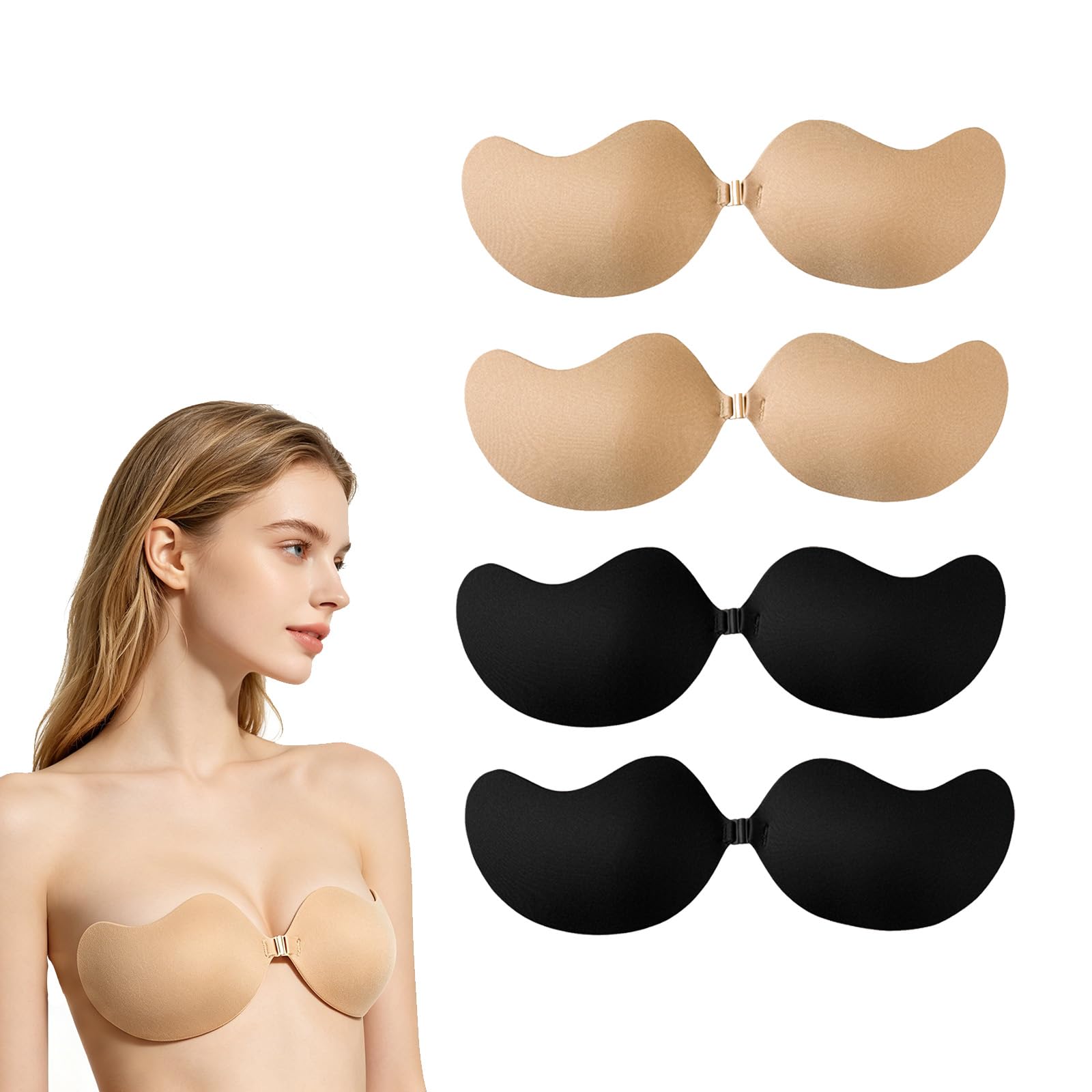 QSZHSL 4 Pairs Women's Invisible Strapless Bras, Sticky Bra Push up Backless Bras, Push Up Invisible Bra, Stick on Bra, Reusable Invisible Backless Stick on Bra for Strapless Backless Dress (4 Pairs)