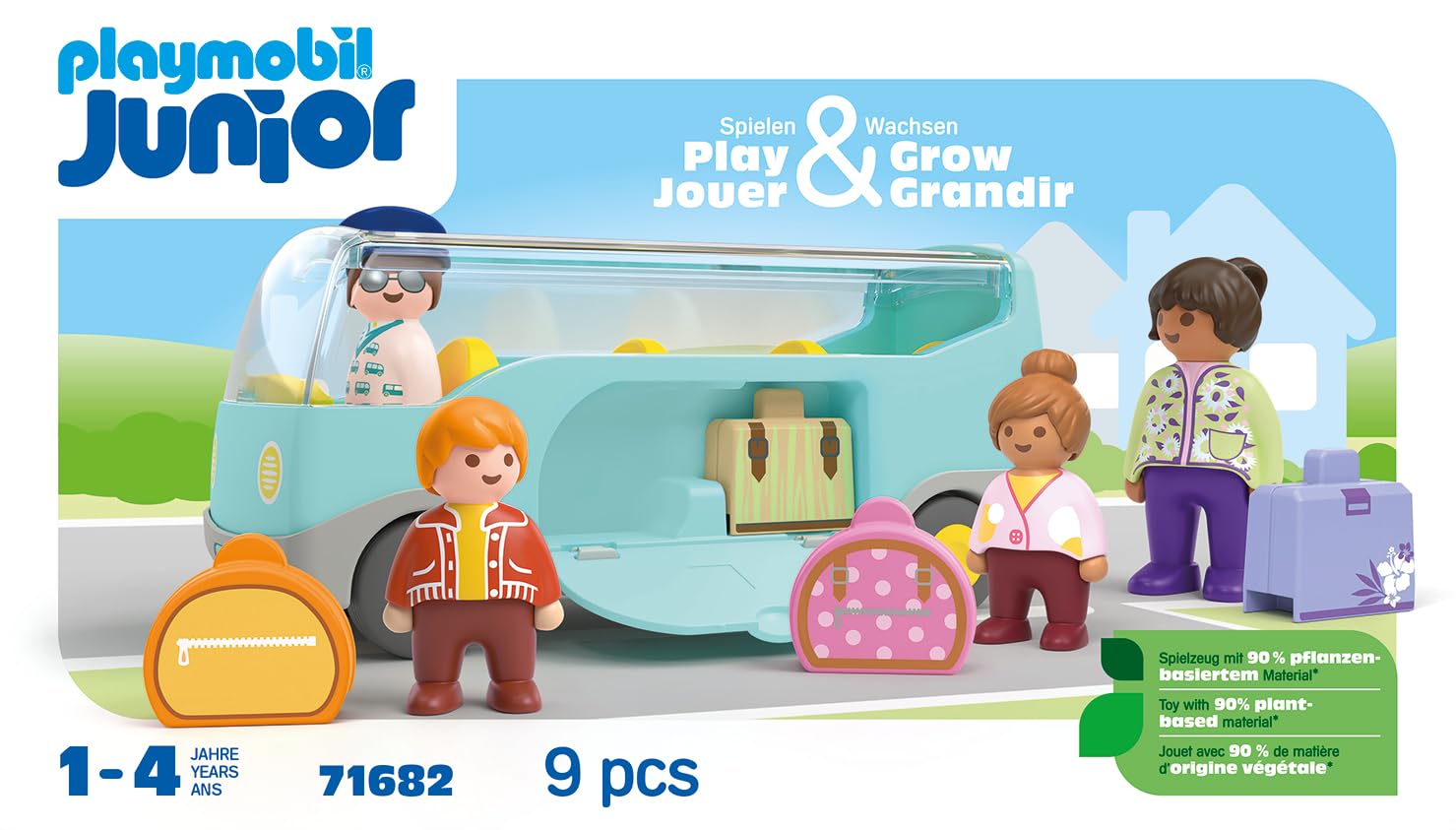 Playmobil 71682 Junior : Autocar de Voyage - Comprenant des pièces de Bagages et Quatre Figurines - Jouet fabriqué à partir de matière d'origine végétale - Dès 12 Mois