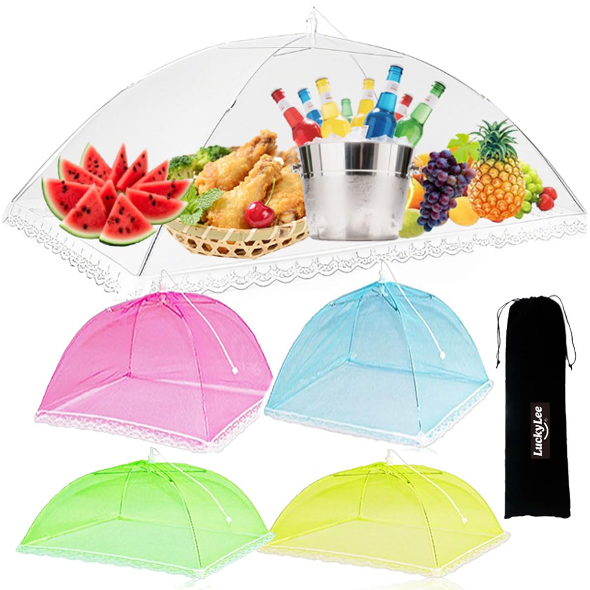 5PCS Mesh Food Covers, Pop Up Food Umbrella Tent Covers, Fruit Cake Net Domes 100×60cm & 43×43cm for Outdoors, Screen Tents, Parties Picnics, BBQs, Dishes Reusable and Collapsible (Rainbow 1+4)