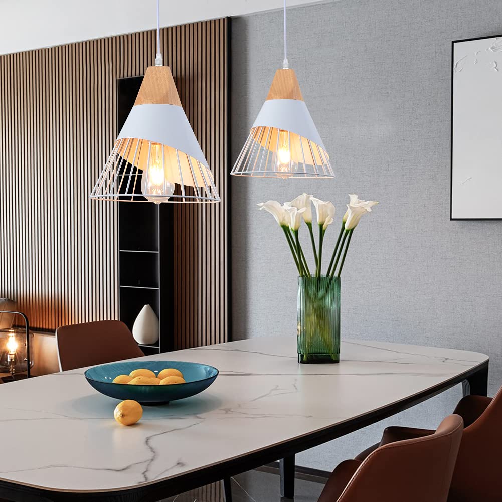2x E27 Vintage-Pendelleuchte, MDUYU Industrielle Metall-Deckenleuchte mit Holzdesign, weiße Farbe, Retro-Pendelleuchten,Moderne Pendelleuchten für Esszimmer,Café,Restaurant,Küche,Innenleuchten