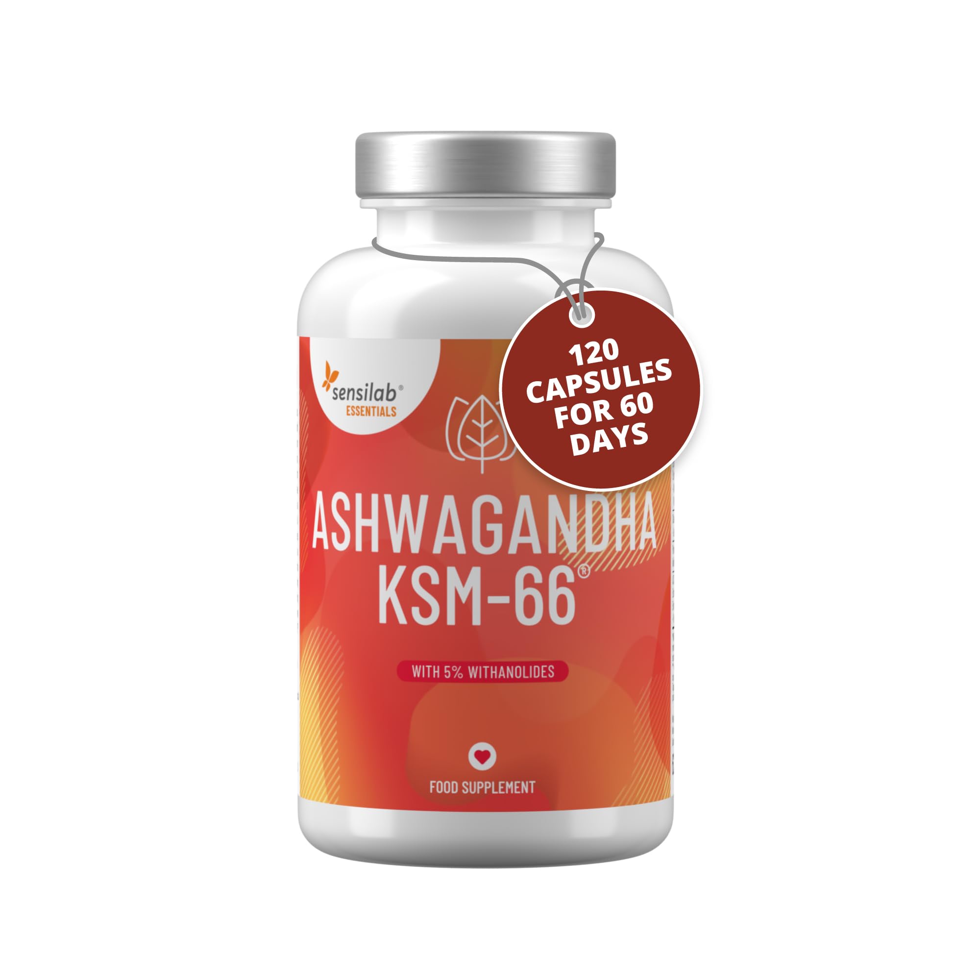 Ashwagandha KSM 66-600 mg Ashwagandha Root Extract with 5% Withanolides and Black Pepper - 120 Capsules for 60 Days - Sensilab