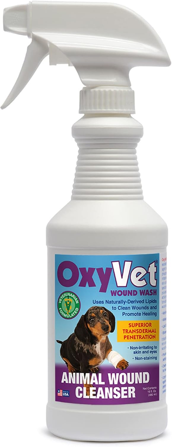 OxyVet Wound Wash for Dogs | Excellent Cleansing Agent | Non-Irritating to Skin and Eyes Wound Cleanser | Non-Staining Wound and Skin Care | 16 Fl Oz Pet First Aid Spray Bottle