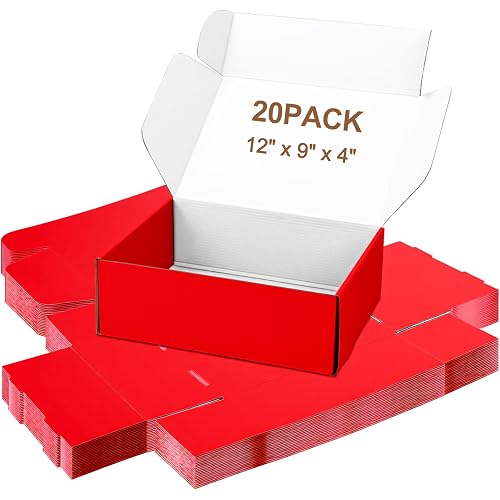 Large Shipping Boxes 20 Pack, 12x9x4 Inch Mailer Boxes, Red