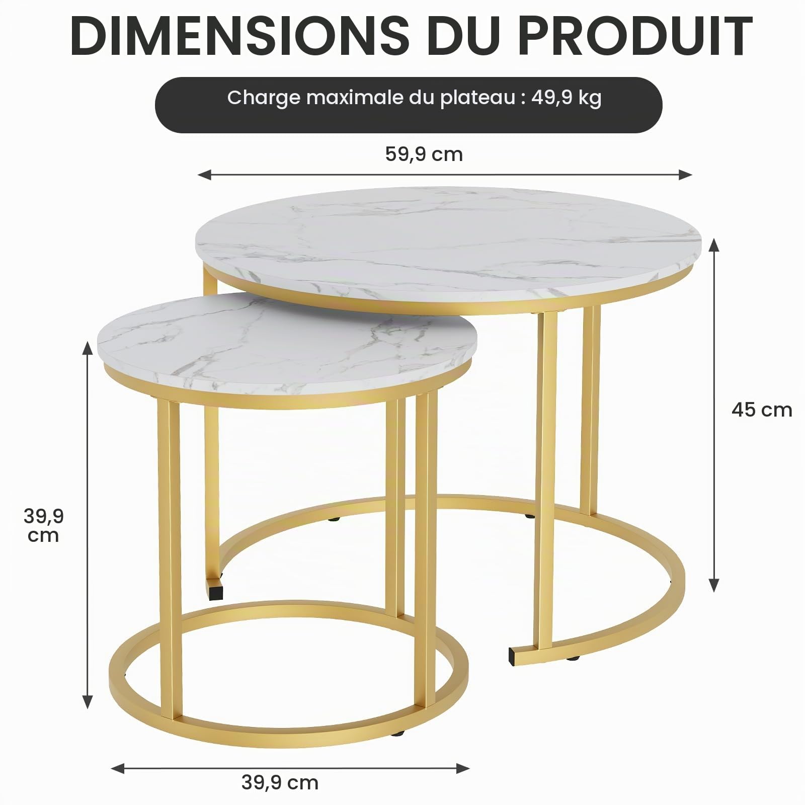 Garden 4 you Lot de 2 tables gigognes blanches et dorées