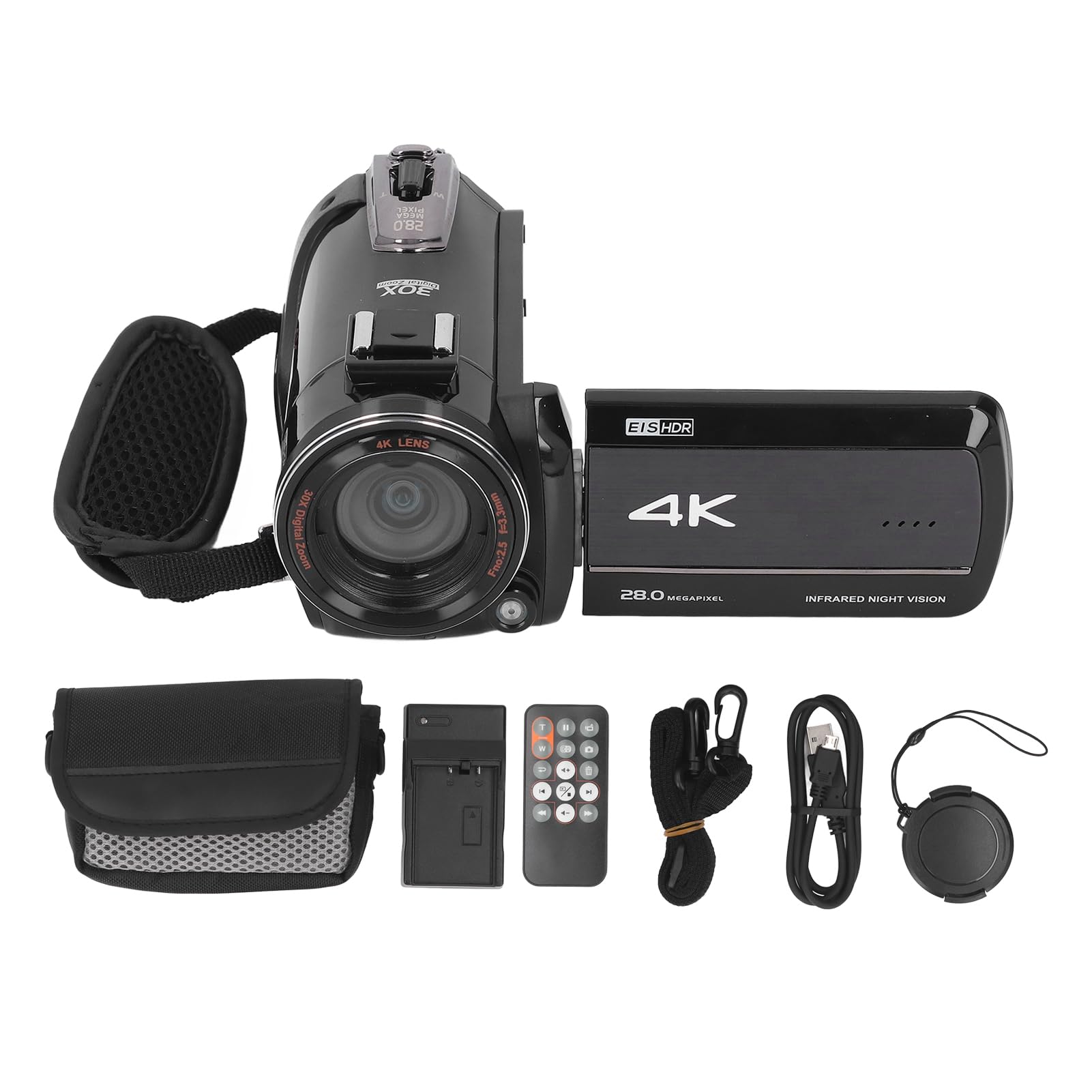 Videocamera 4K, Registratore per Fotocamera Digitale da 28 MP con Touch Screen da 3,0 Pollici, Rotazione di 270 Gradi, Zoom Intelligente 30X, Anti-vibrazioni, Doppi Microfoni,
