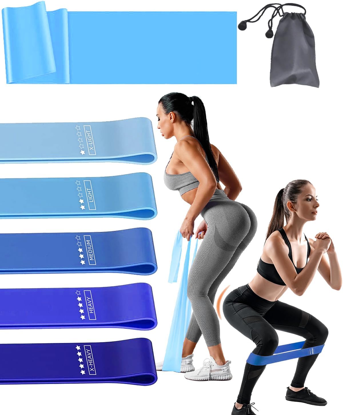 Set of 6 Fitness Bands 5 Strengths + 1.5 m Stretch Band – Resistance Bands for Yoga, Training, Physio – with Bag for Women/Men (Pink/Blue)