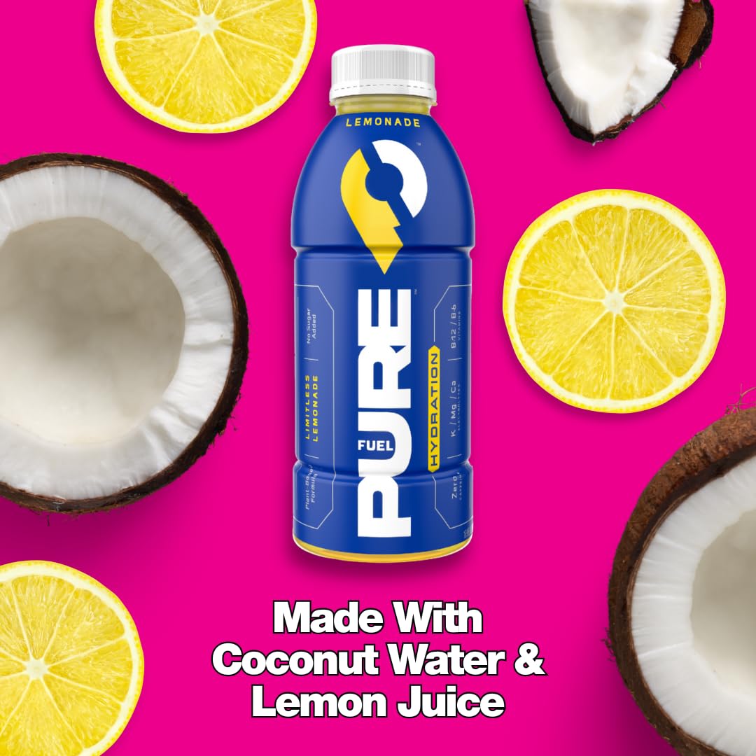 Pure Fuel Hydration Drinks Limitless Lemonade - Plant-Based Healthy Electrolyte Drinks with B-Vitamins - No Added Sugar - 12 Pack x 16.9 fl oz Bottles