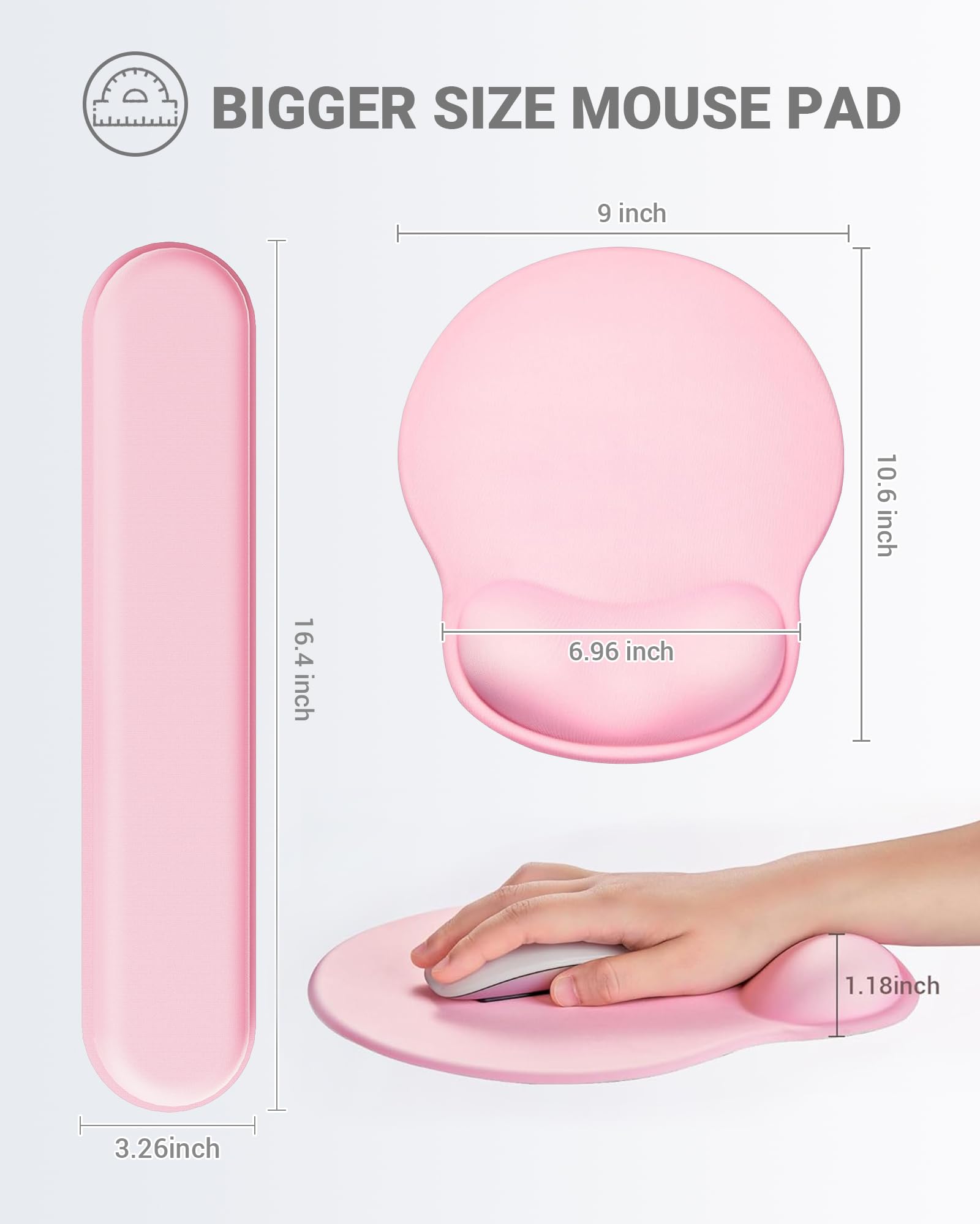 Laborio Set di tappetini per mouse ergonomici con supporto per il polso, in memory foam, per alleviare il dolore al polso, base antiscivolo (set rosa)