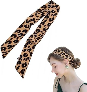 GANPUB Brown Leopard Neck Tie Chic Skinny Scarf Hairband Stylish Purse Silk Feeling Scarf for Women, Womens Fashion Scarves and Leopard Wraps