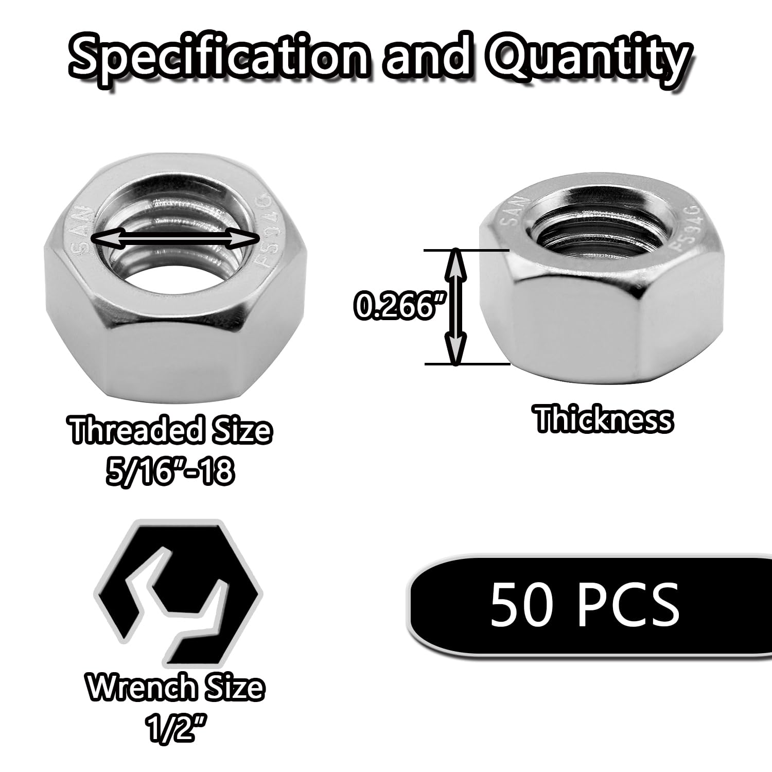 Beduan 50PCS 5/16"-18 Nuts Hardware Nuts for Boats Dock Car image 2