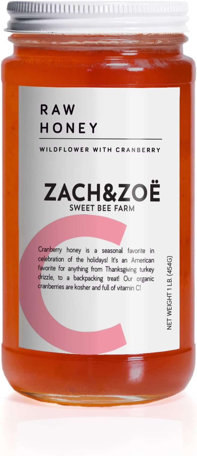 Unfiltered Raw Honey by Zach & Zoe Sweet Bee Farm โ (1) 16 Ounce Jar of Honey with Cranberry - Pure Farm Raised Honey with Powerful Anti-oxidants, Amino Acids, Enzymes, and Vitamins!
