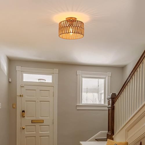 Miniatura 3 de Hchunqjor Lámpara de techo tejida en oro antiguo costero, estilo rústico, bohemio, cuerda de cáñamo, latón, semiempotrada, para pasillo, dormitorio,