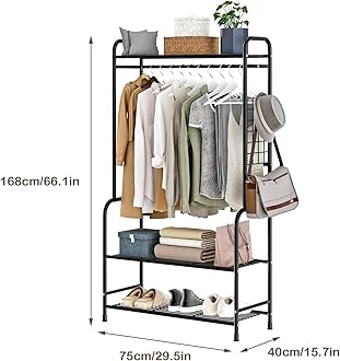 Majzya Clothing Rack Metal Garment Racks with Bottom Shelves Free-Standing Clothes Rack for Indoor Bedroom, Balcony, Hallway, Laundry (Black)