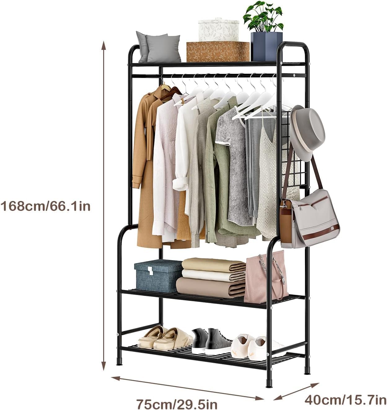 Majzya Clothing Rack Metal Garment Racks with Bottom Shelves Free-Standing Clothes Rack for Indoor Bedroom, Balcony, Hallway, Laundry (Black)