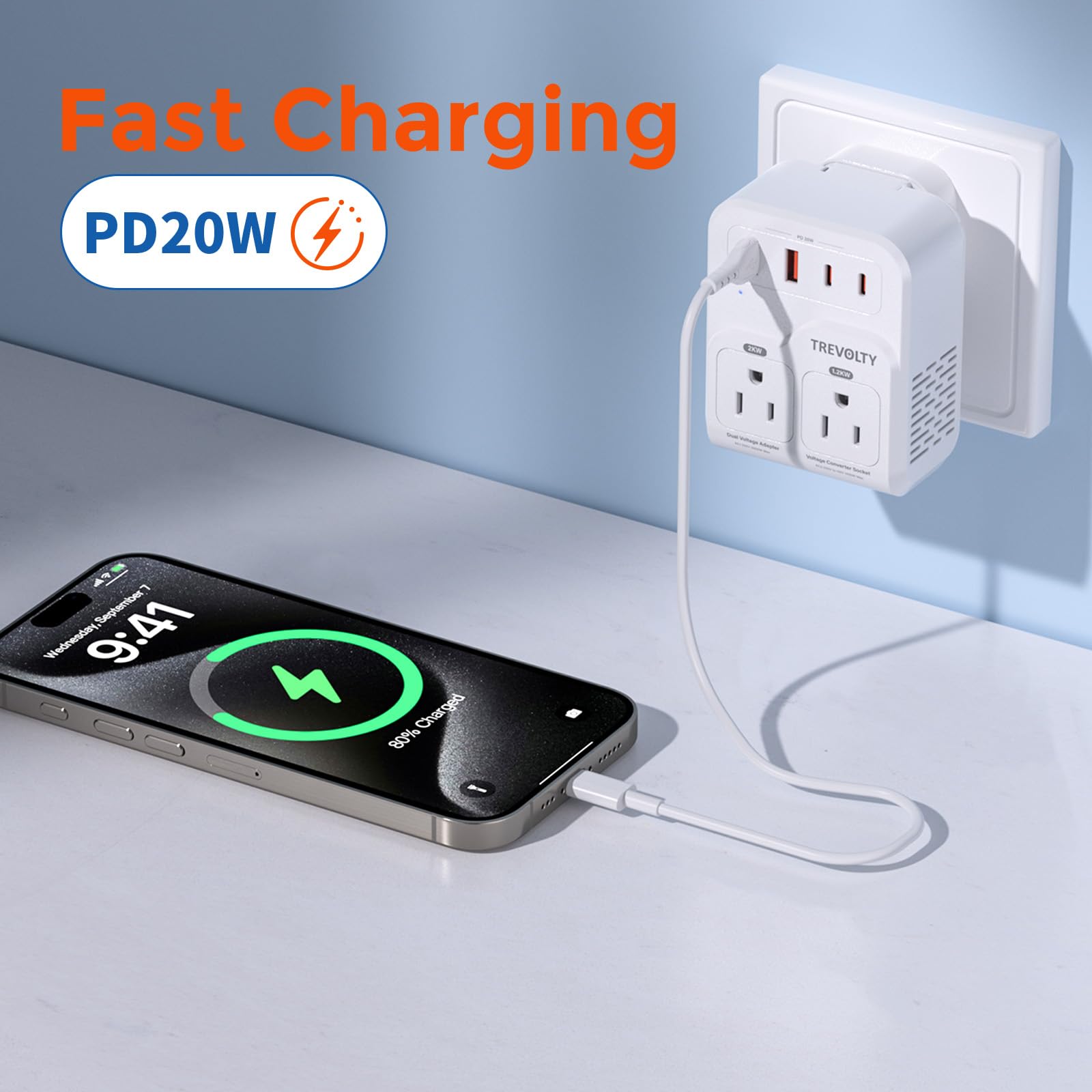 Convertitore di tensione da 2000 W da USA a Europa per asciugacapelli, convertitore 7 in 1 da 220 V a 110 V per viaggi europei con 3 porte AC/2 USBA/2 USBC (PD20 W) (bianco)