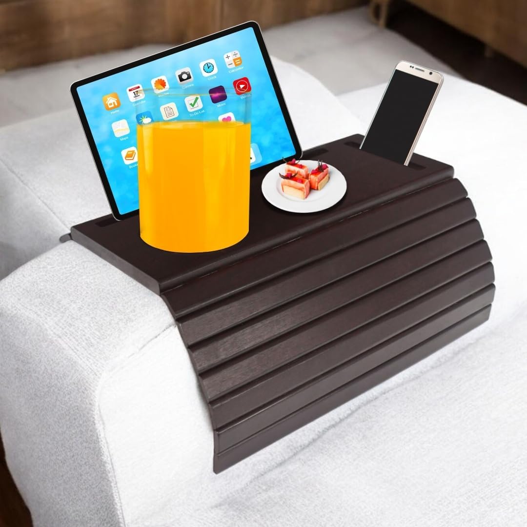 Bamboo Sofa Arm Tray, Couch Arm Table Caddy for Snacks, Drinks, Remote, Cups, Flexible & Foldable (Brown)