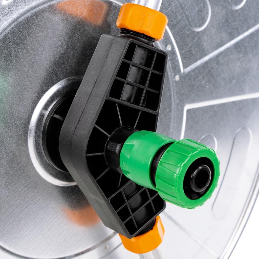 Stahl Schlauchwagen für 110 m 1/2" oder 80 m 3/4" Schlauch, verzinkte Konstruktion mit Rädern und abgewinkeltem Anschluss für knickfreie Handhabung